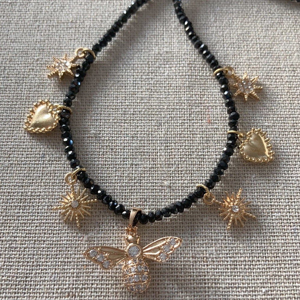 NWT Laura Hansen Designs Black Faceted Spinel Bead Necklace with Bee & Star …